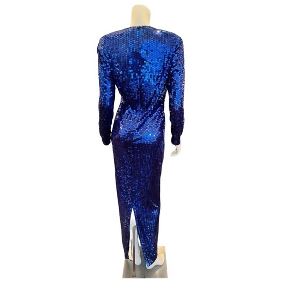 Oleg Cassini,Beautiful Shimmery Royal Blue Sequin, long sleeve Vintage Gown 10 - Picture 2 of 15